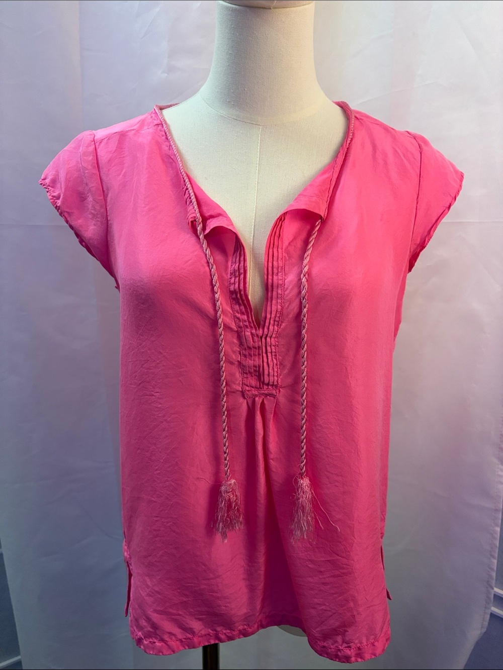 Calypso St. Barth Bright Pink Split-Neck Silk Tassel Blouse Sz XS